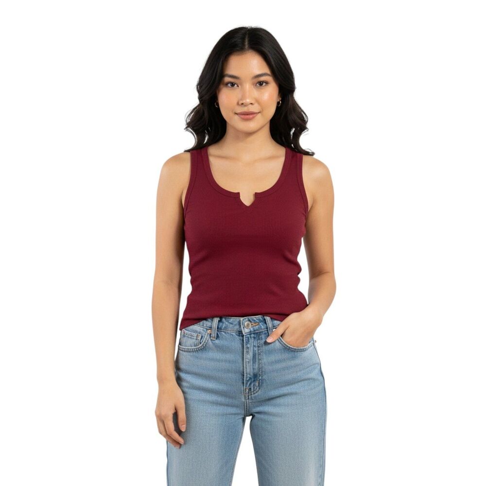 XL Cranberry Ribbed Notched Tank Top